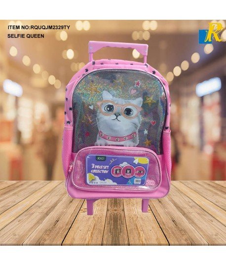 حقيبة ظهر مدرسية SELFIE QUEEN بعجلات وصندوق غداء وحافظة أقلام