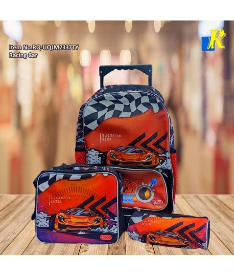 حقيبة ظهر مدرسية للأطفال من روكو بعجلات بتصميم سيارة سباق، وحقيبة غداء وحافظة أقلام